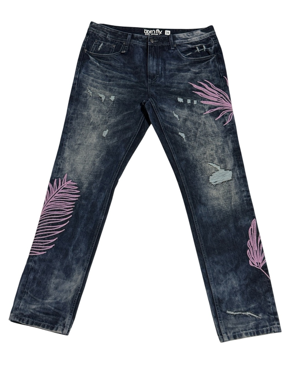 Born Fly Flyer Distressed Ripped Patch Streetwear Y2K Skater Denim Jeans Size 36